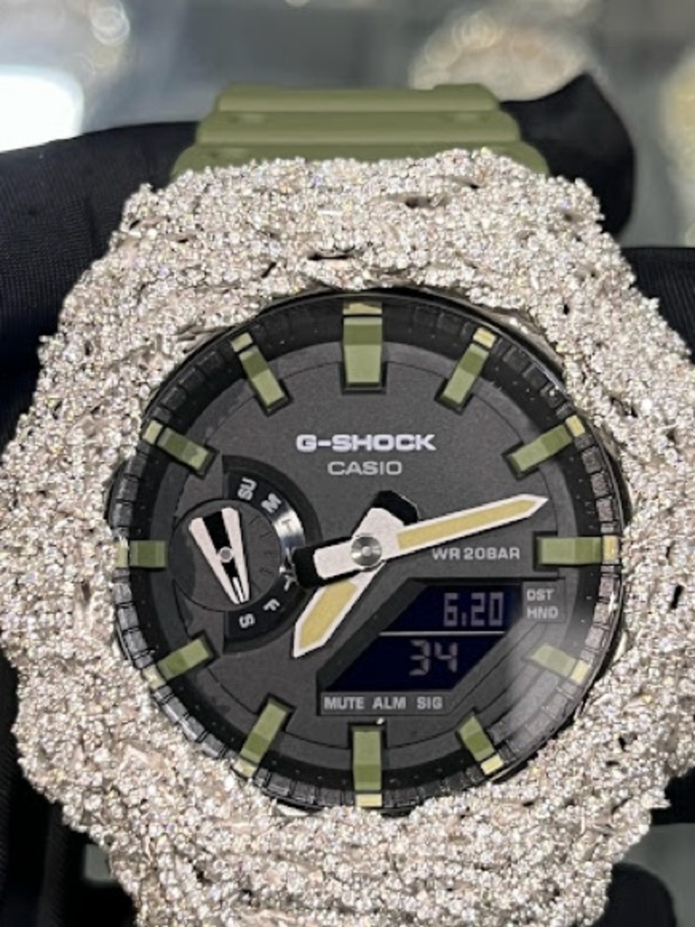 G-Shock Green and Black Digital-Analog Watch with Diamonds -Encrusted Bezel